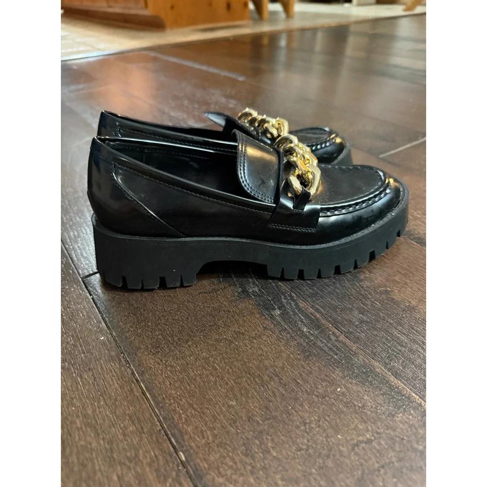 Guess Platform Lug Sole Loafers 7.5 Black Gold Chain Chunky Slip On Shoes retro